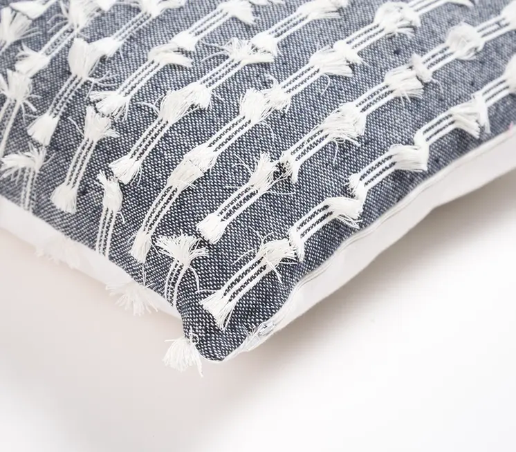 18" Blue and White Striped Cotton Throw Pillow Cover With Fringe