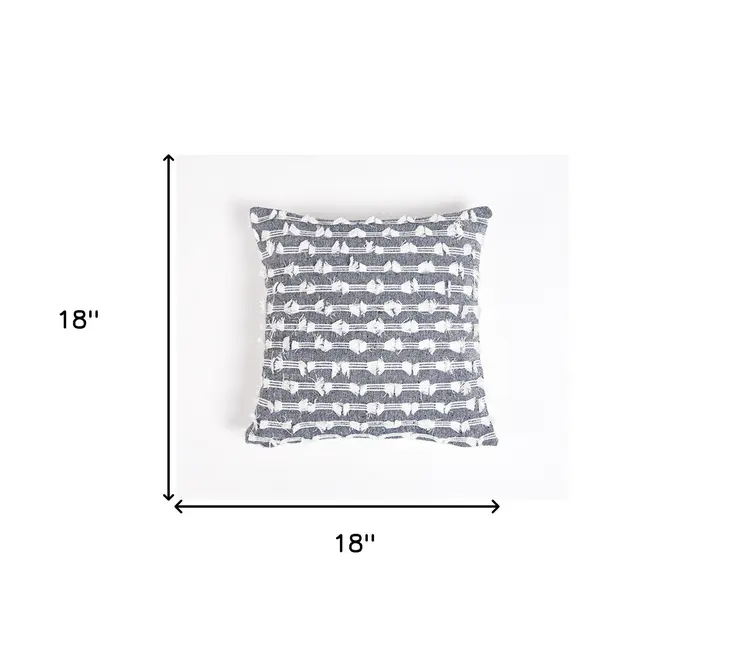 18" Blue and White Striped Cotton Throw Pillow Cover With Fringe