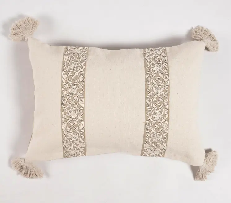 14" X 20" Beige and Green Geometric Cotton Throw Pillow Cover With Embroidery, Tassels
