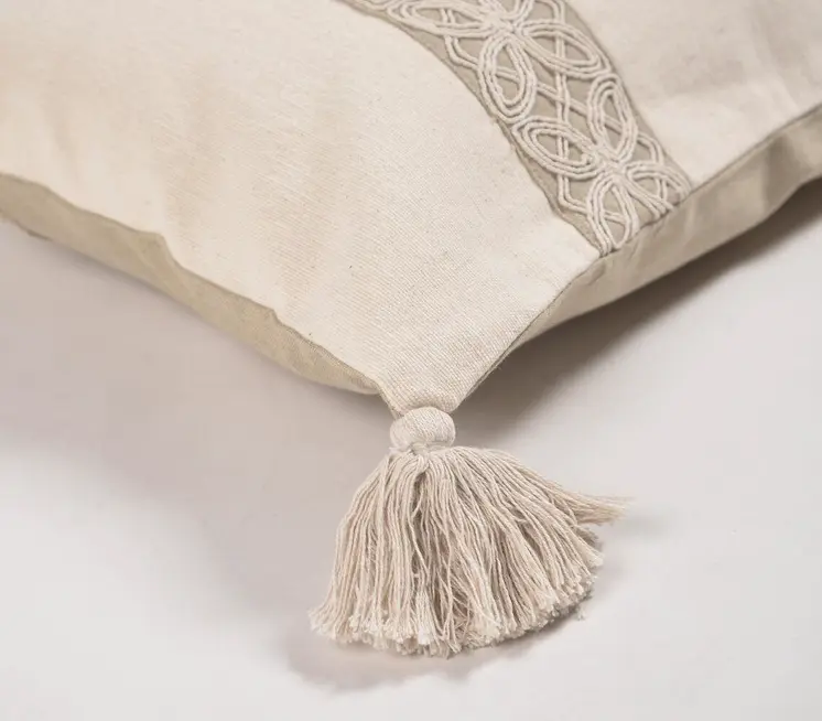 14" X 20" Beige and Green Geometric Cotton Throw Pillow Cover With Embroidery, Tassels