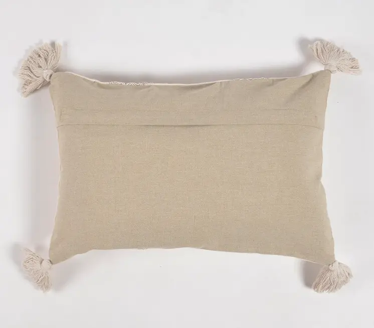 14" X 20" Beige and Green Geometric Cotton Throw Pillow Cover With Embroidery, Tassels