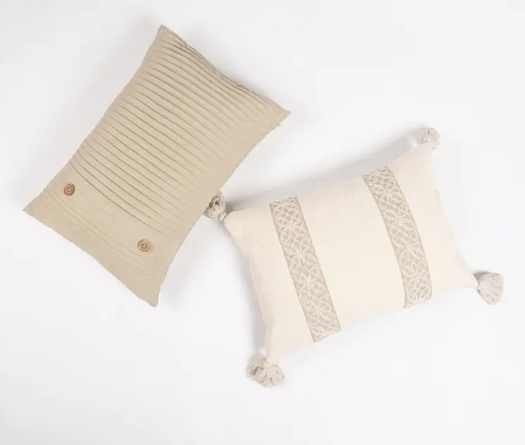 14" X 20" Beige and Green Geometric Cotton Throw Pillow Cover With Embroidery, Tassels