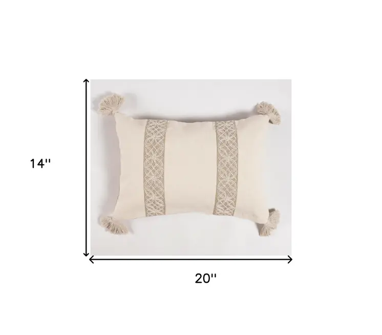 14" X 20" Beige and Green Geometric Cotton Throw Pillow Cover With Embroidery, Tassels