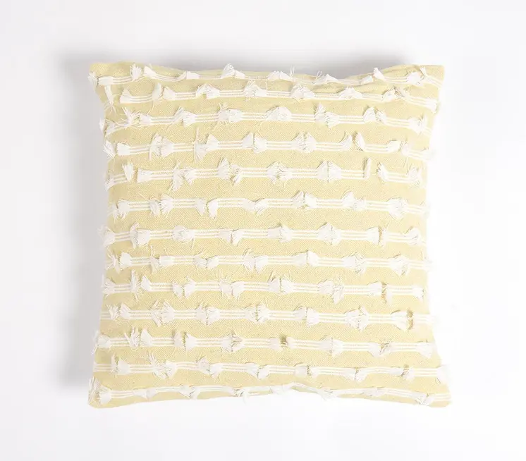 18" Yellow and White Striped Cotton Throw Pillow Cover With Fringe