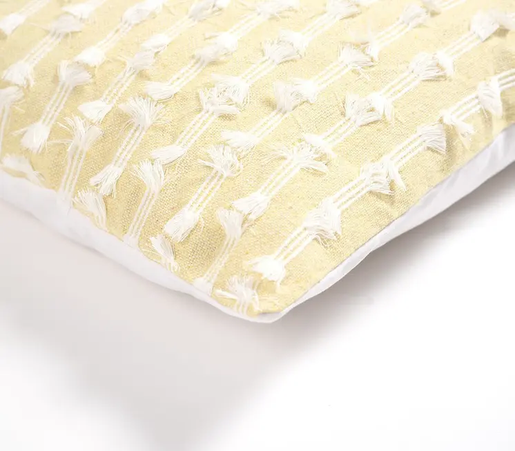 18" Yellow and White Striped Cotton Throw Pillow Cover With Fringe