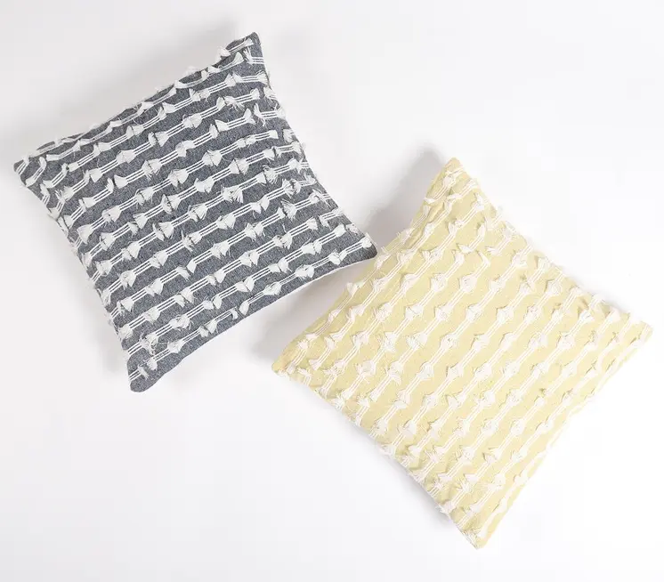 18" Yellow and White Striped Cotton Throw Pillow Cover With Fringe