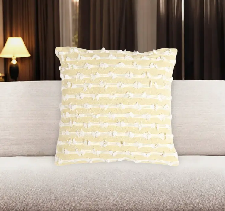 18" Yellow and White Striped Cotton Throw Pillow Cover With Fringe