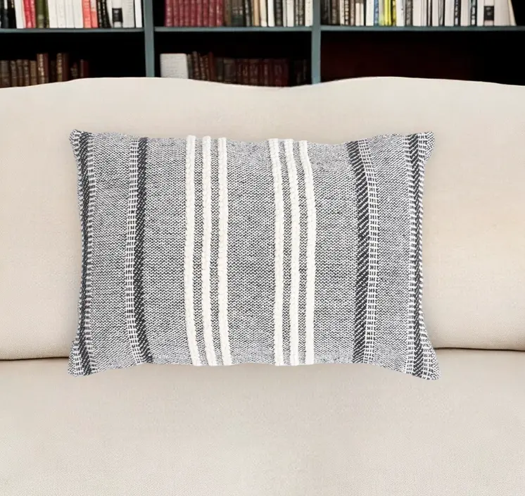 14" X 20" Black and White Striped Cotton Throw Pillow Cover