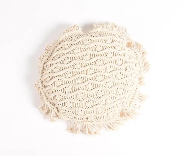 15" X 15" Beige Round Wavy Stripe Cotton Throw Pillow Cover With Fringe