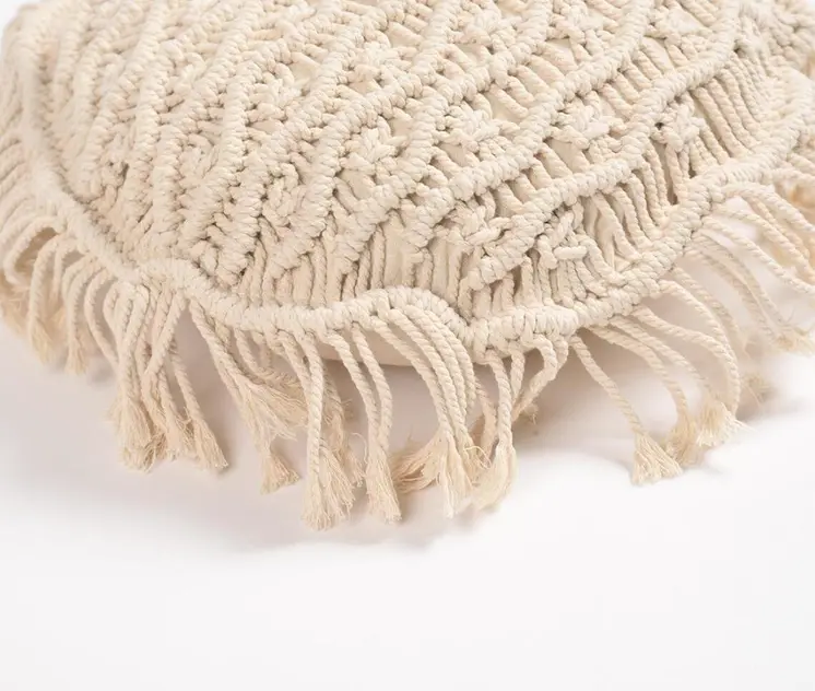 15" X 15" Beige Round Wavy Stripe Cotton Throw Pillow Cover With Fringe
