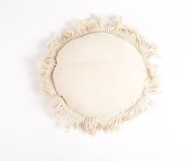 15" X 15" Beige Round Wavy Stripe Cotton Throw Pillow Cover With Fringe