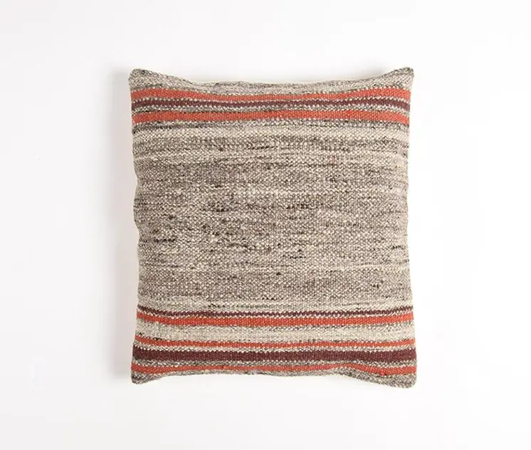 19" Brown and Red Striped Cotton Blend Throw Pillow Cover