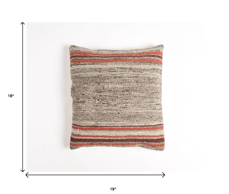 19" Brown and Red Striped Cotton Blend Throw Pillow Cover