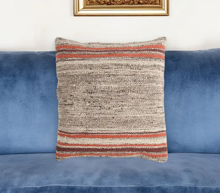19" Brown and Red Striped Cotton Blend Throw Pillow Cover