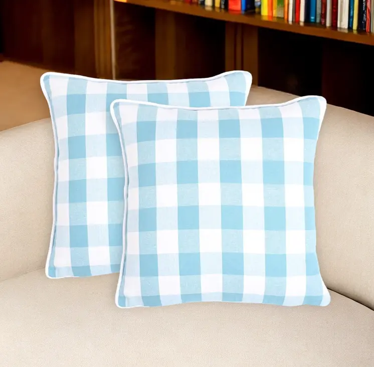 Set of Two 18" Blue and White Cotton Throw Pillow Covers