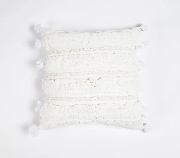 16" White Striped Cotton Throw Pillow Cover With Tassels And Tufts