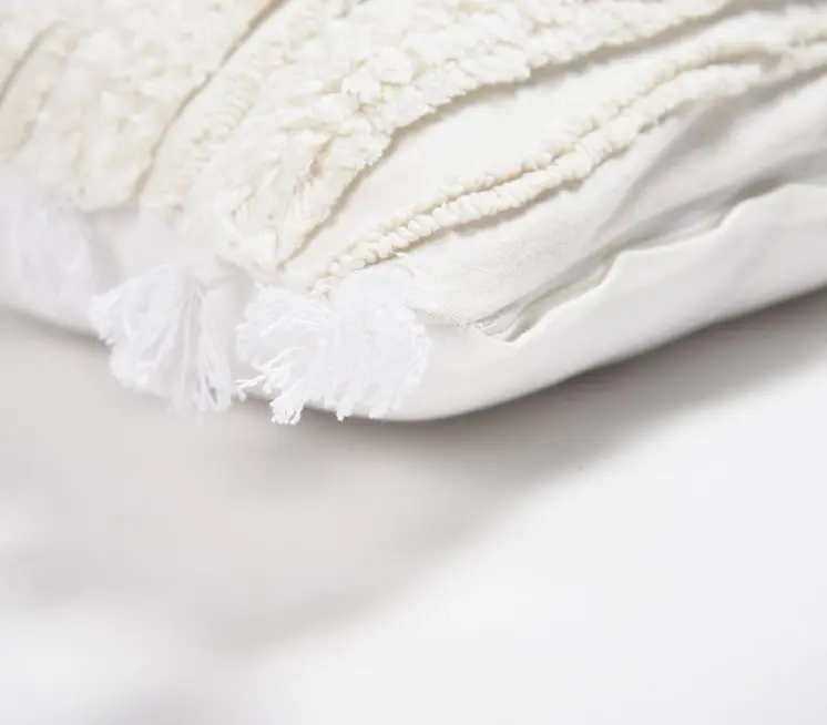 16" White Striped Cotton Throw Pillow Cover With Tassels And Tufts