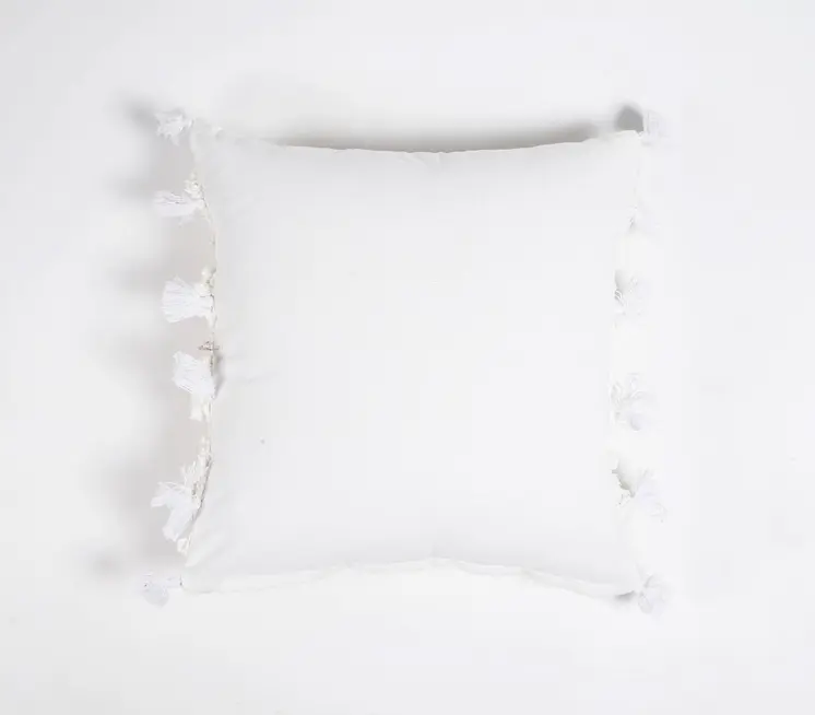 16" White Striped Cotton Throw Pillow Cover With Tassels And Tufts