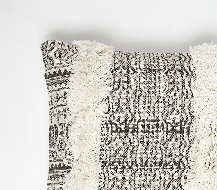 12" X 20" Gray and White Striped Cotton Throw Pillow Cover With Fringe