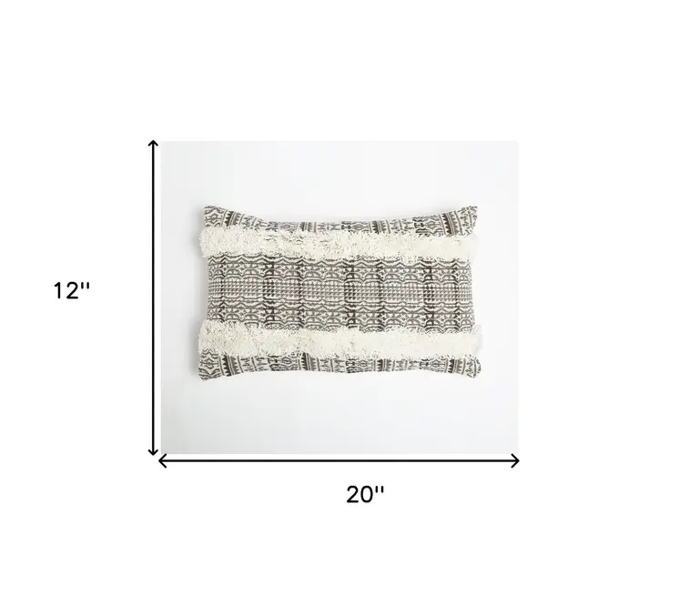 12" X 20" Gray and White Striped Cotton Throw Pillow Cover With Fringe