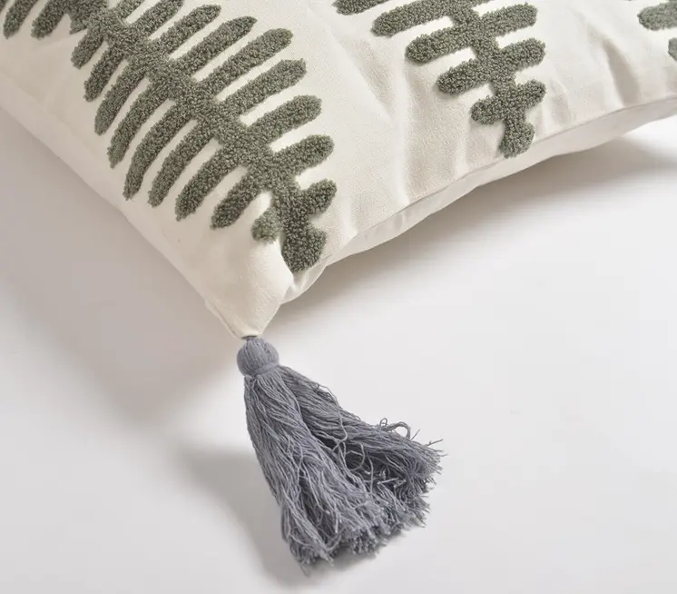 18" Gray Eclectic Cotton Throw Pillow Cover With Embroidery, Tassels