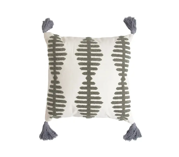 18" Gray Eclectic Cotton Throw Pillow Cover With Embroidery, Tassels