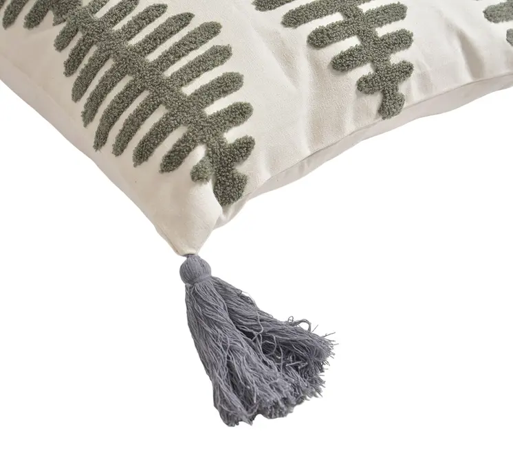 18" Gray Eclectic Cotton Throw Pillow Cover With Embroidery, Tassels