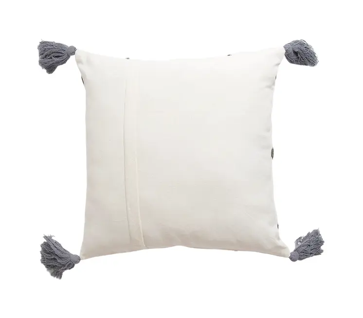 18" Gray Eclectic Cotton Throw Pillow Cover With Embroidery, Tassels