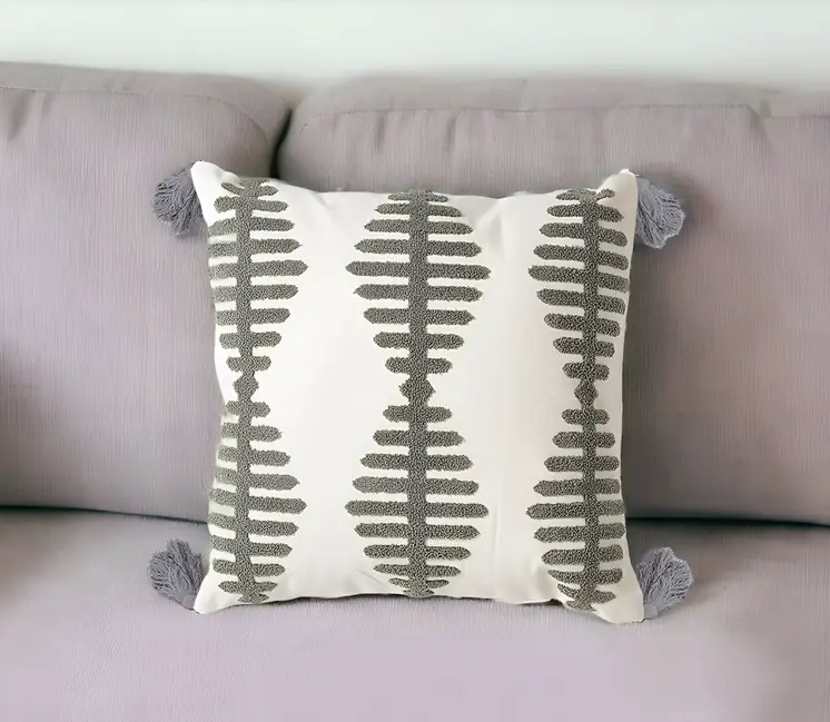 18" Gray Eclectic Cotton Throw Pillow Cover With Embroidery, Tassels
