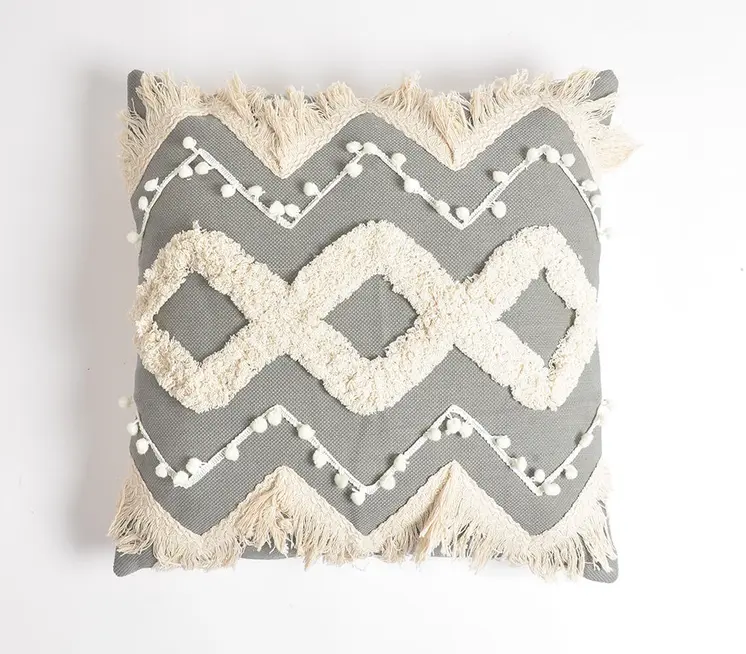 18" Gray and White Zigzag Cotton Throw Pillow Cover With Embroidery, Fringe