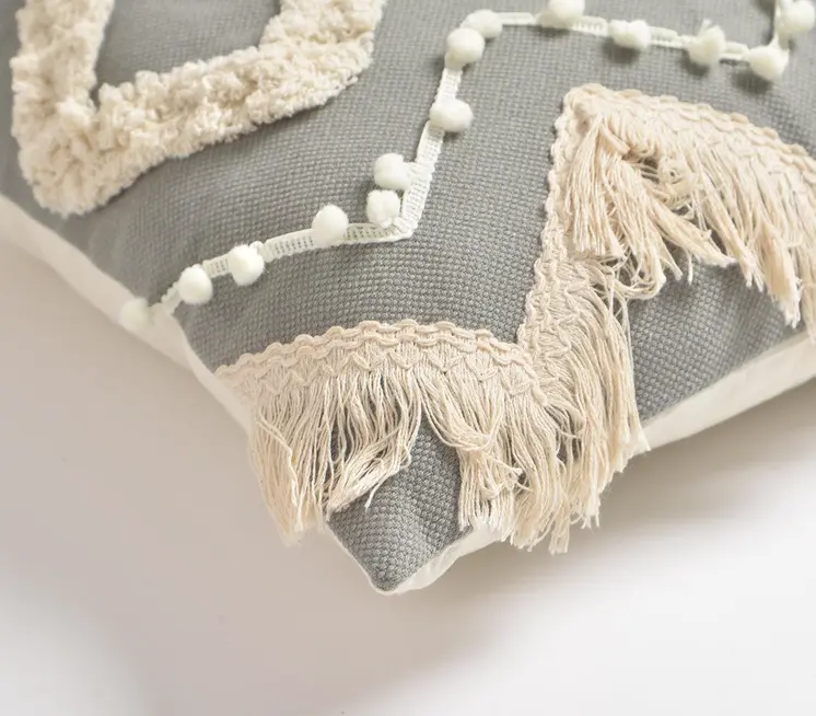 18" Gray and White Zigzag Cotton Throw Pillow Cover With Embroidery, Fringe