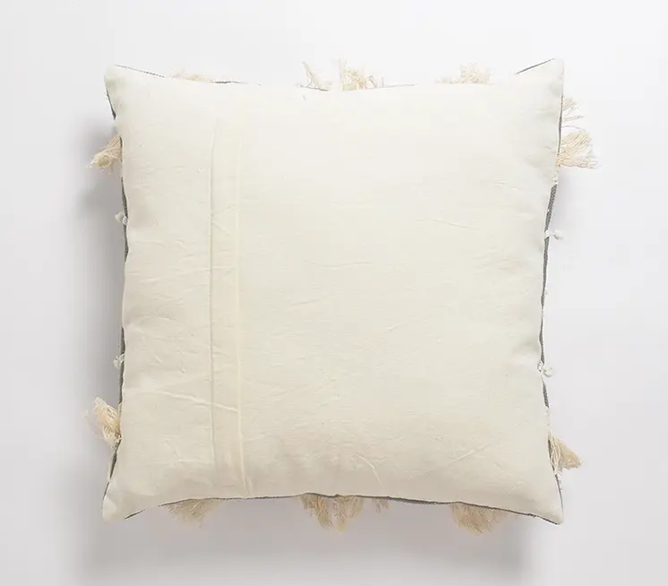 18" Gray and White Zigzag Cotton Throw Pillow Cover With Embroidery, Fringe