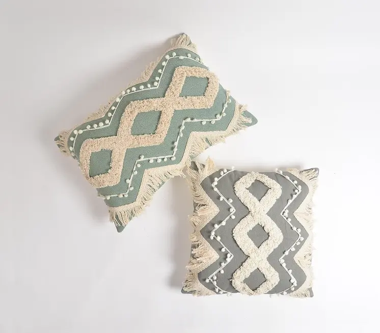 18" Gray and White Zigzag Cotton Throw Pillow Cover With Embroidery, Fringe