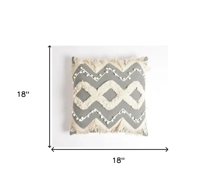 18" Gray and White Zigzag Cotton Throw Pillow Cover With Embroidery, Fringe