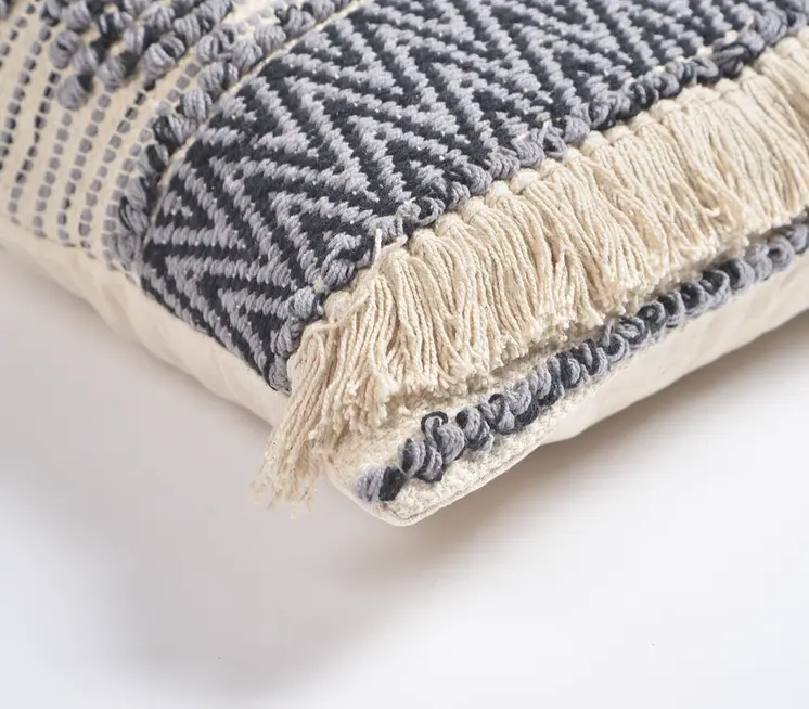 18" Beige and Gray Striped Cotton Throw Pillow Cover With Fringe, Tufts