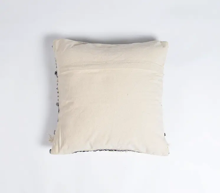 18" Beige and Gray Striped Cotton Throw Pillow Cover With Fringe, Tufts