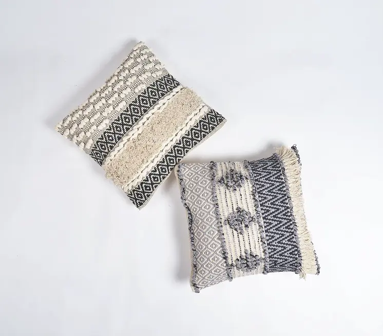 18" Beige and Gray Striped Cotton Throw Pillow Cover With Fringe, Tufts