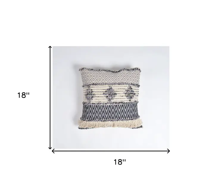 18" Beige and Gray Striped Cotton Throw Pillow Cover With Fringe, Tufts