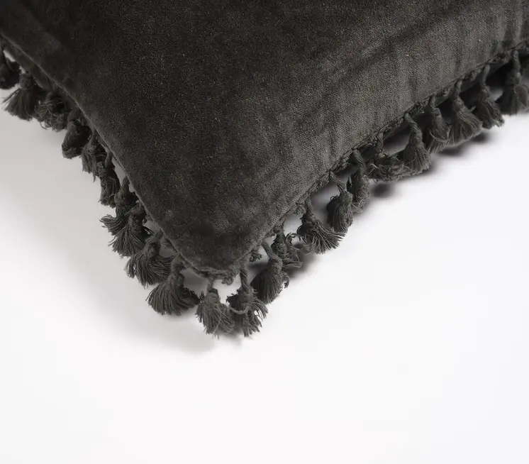 12" X 20" Black Cotton Blend Throw Pillow Cover With Fringe