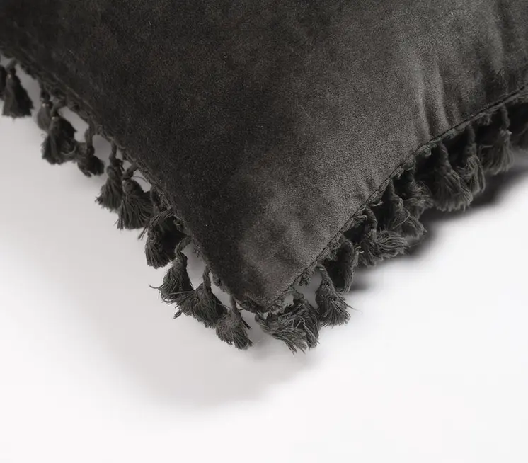 18" Gray Cotton Blend Throw Pillow Cover With Fringe