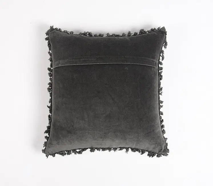 18" Gray Cotton Blend Throw Pillow Cover With Fringe