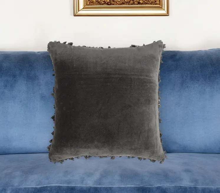 18" Gray Cotton Blend Throw Pillow Cover With Fringe