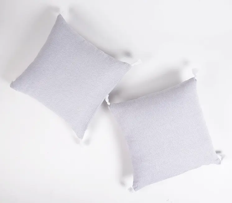 Set of Two 16" Gray Cotton Throw Pillow Covers with Tassels