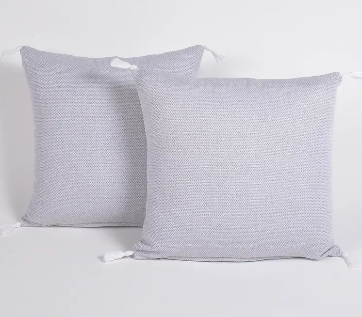 Set of Two 16" Gray Cotton Throw Pillow Covers with Tassels
