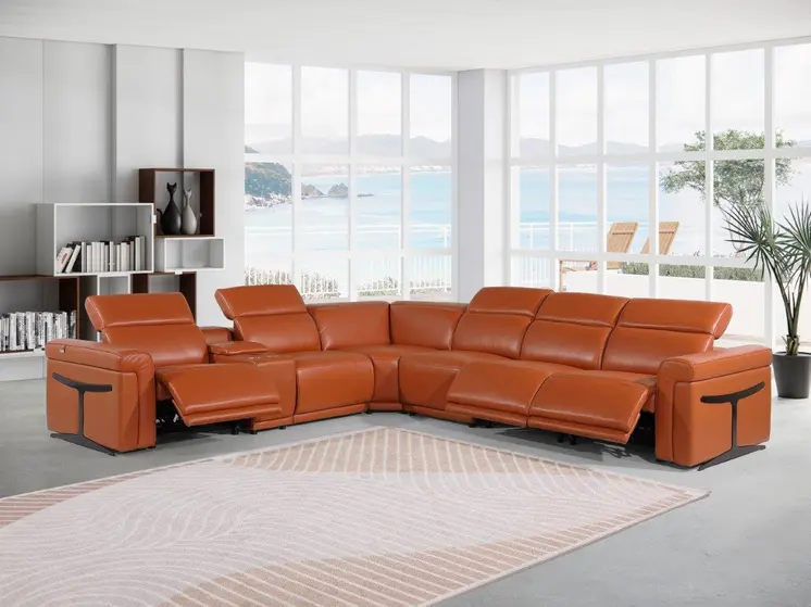Camel Italian Leather Modular L Shaped Seven Piece Corner Sectional With Console
