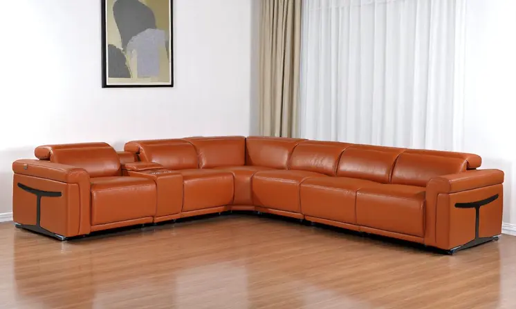 Camel Italian Leather Modular L Shaped Seven Piece Corner Sectional With Console