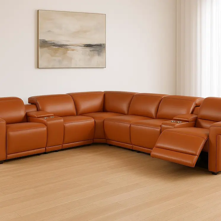 Camel Italian Leather Modular L Shaped Eight Piece Corner Sectional With Console