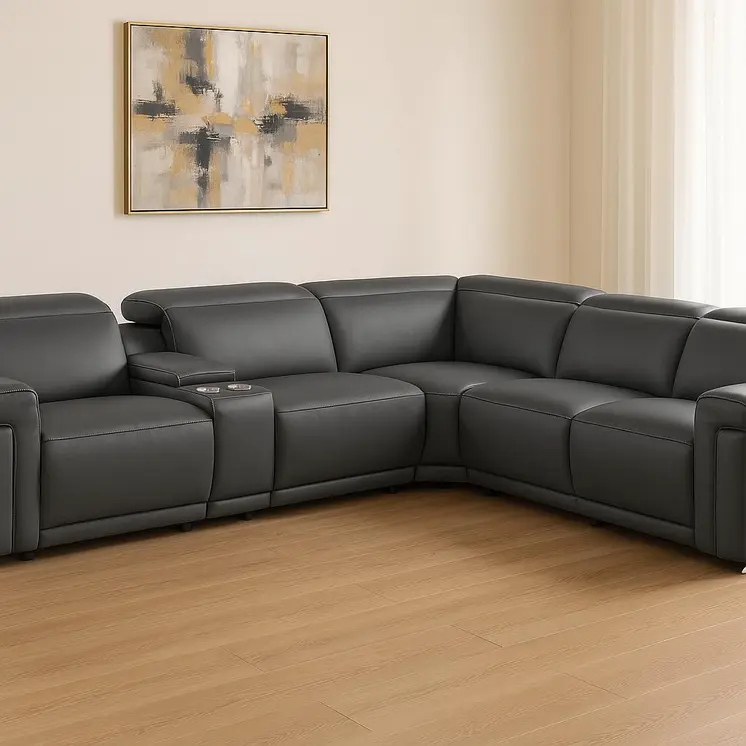 Gray Italian Leather Modular L Shaped Six Piece Corner Sectional With Console