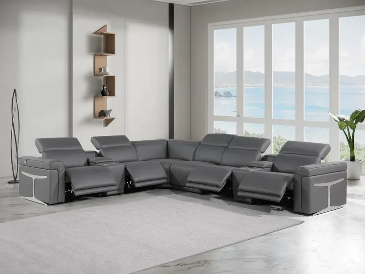 Gray Italian Leather Modular L Shaped Eight Piece Corner Sectional With Console