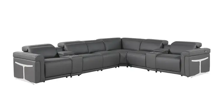 Gray Italian Leather Modular L Shaped Eight Piece Corner Sectional With Console